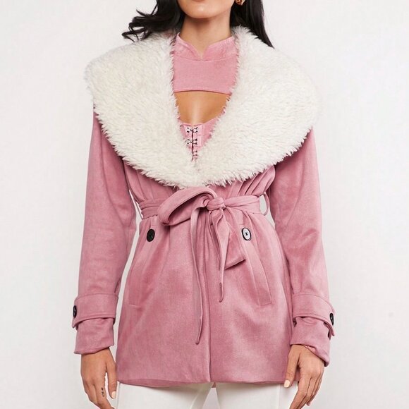 MODA ME COUTURE Jackets & Blazers - Casual Faux fur Borg Collar Belted Coat Pink